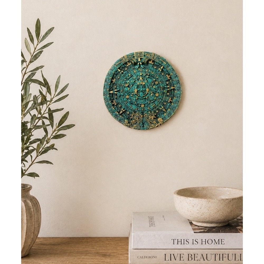 Aztec Sun Stone Wall Plaque Large Green Gold  Calendar Wall